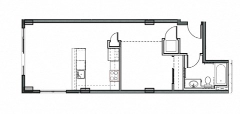 Floor plan for 1 bed, 1 bath, 664 sqft